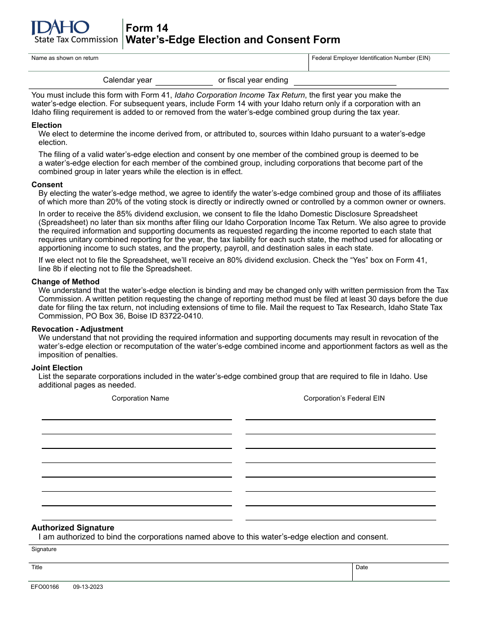Form 14 (EFO00166) Waters-Edge Election and Consent Form - Idaho, Page 1