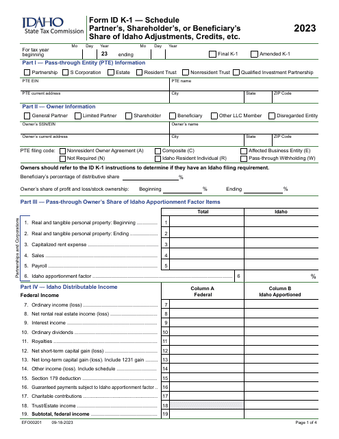 Form ID K-1 (EFO00201) Partner's, Shareholder's, or Beneficiary's Share of Idaho Adjustments, Credits, Etc. - Idaho, 2023