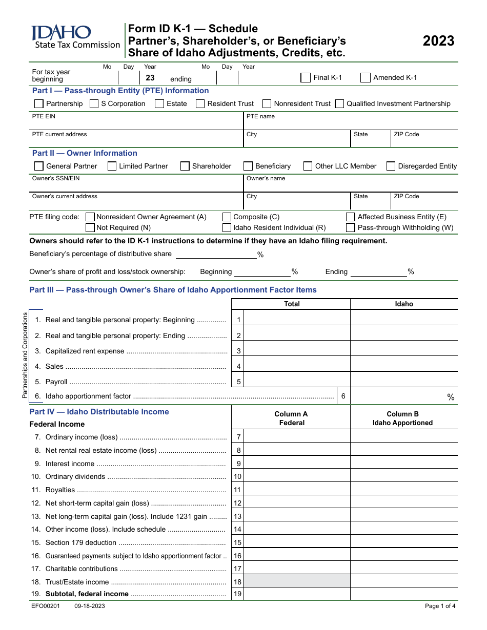 Form ID K-1 (EFO00201) Partners, Shareholders, or Beneficiarys Share of Idaho Adjustments, Credits, Etc. - Idaho, Page 1