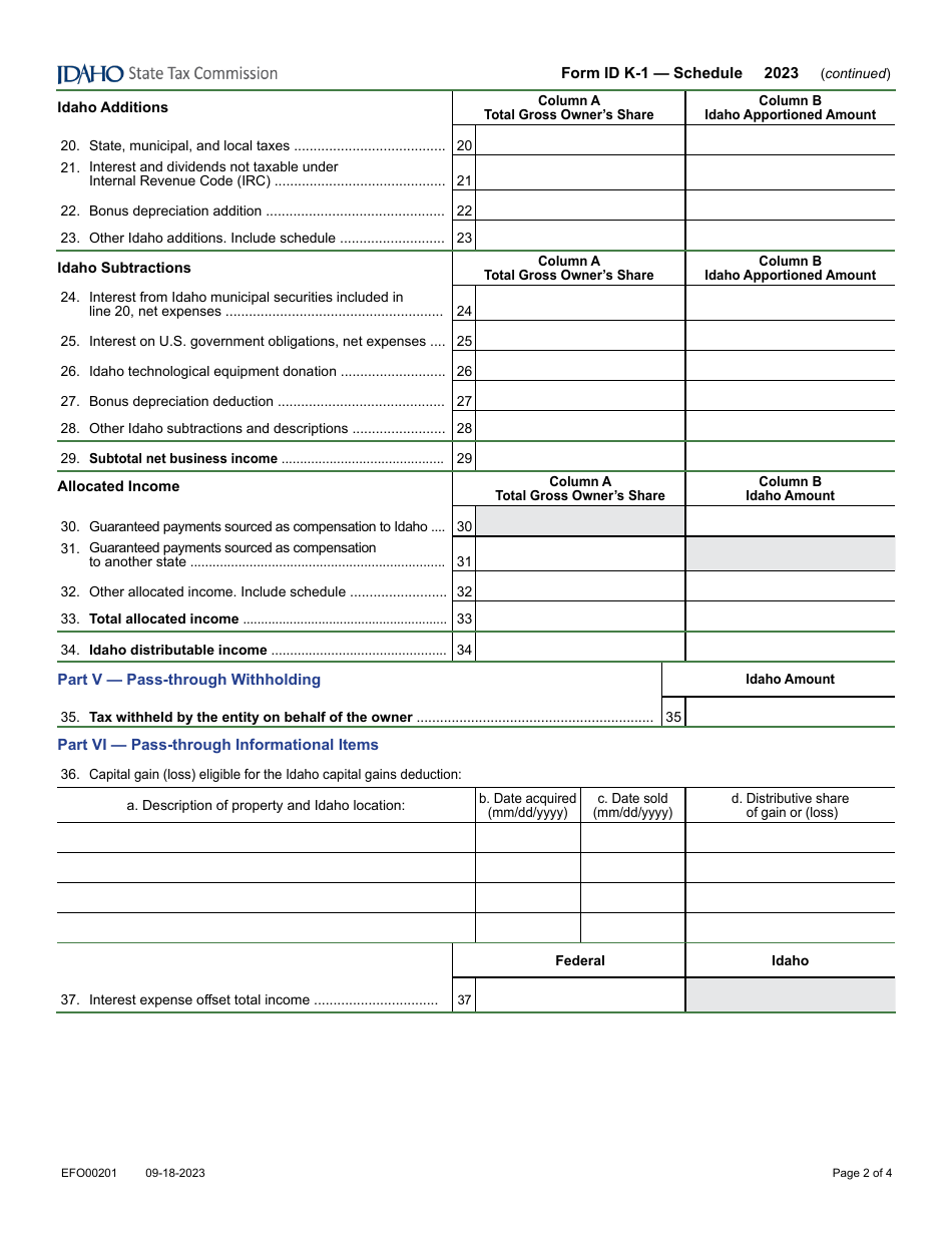 Form ID K-1 (EFO00201) Partners, Shareholders, or Beneficiarys Share of Idaho Adjustments, Credits, Etc. - Idaho, Page 2