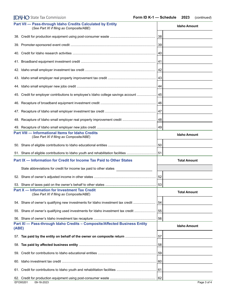 Form ID K-1 (EFO00201) Partners, Shareholders, or Beneficiarys Share of Idaho Adjustments, Credits, Etc. - Idaho, Page 3