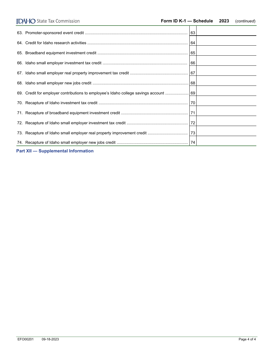 Form ID K-1 (EFO00201) Partners, Shareholders, or Beneficiarys Share of Idaho Adjustments, Credits, Etc. - Idaho, Page 4
