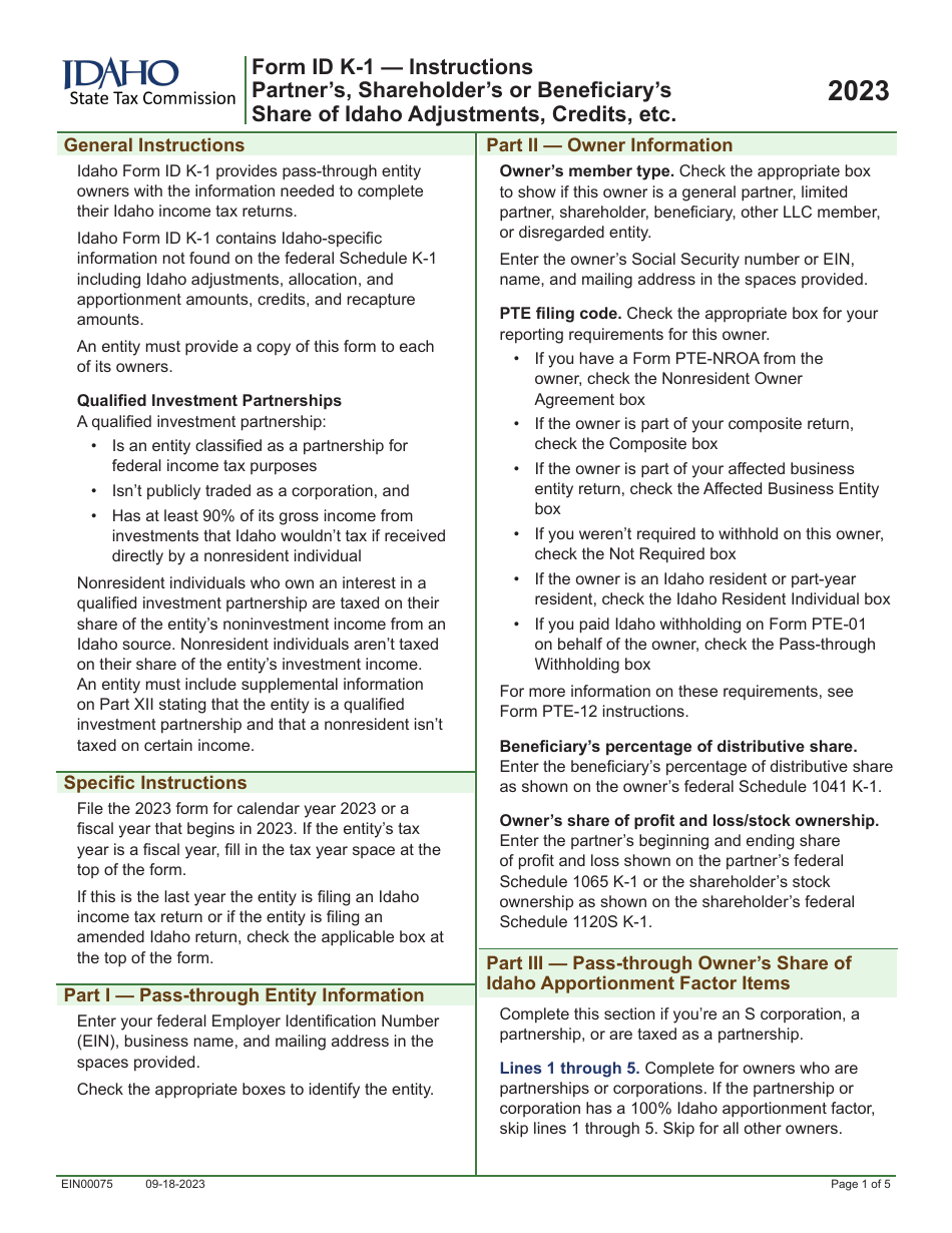 Form ID K-1 (EFO00201) Partners, Shareholders, or Beneficiarys Share of Idaho Adjustments, Credits, Etc. - Idaho, Page 5