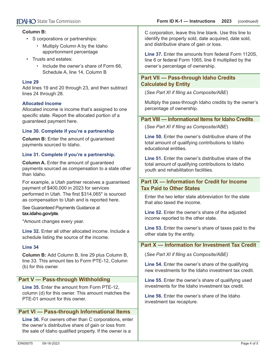 Form ID K-1 (EFO00201) Partners, Shareholders, or Beneficiarys Share of Idaho Adjustments, Credits, Etc. - Idaho, Page 8