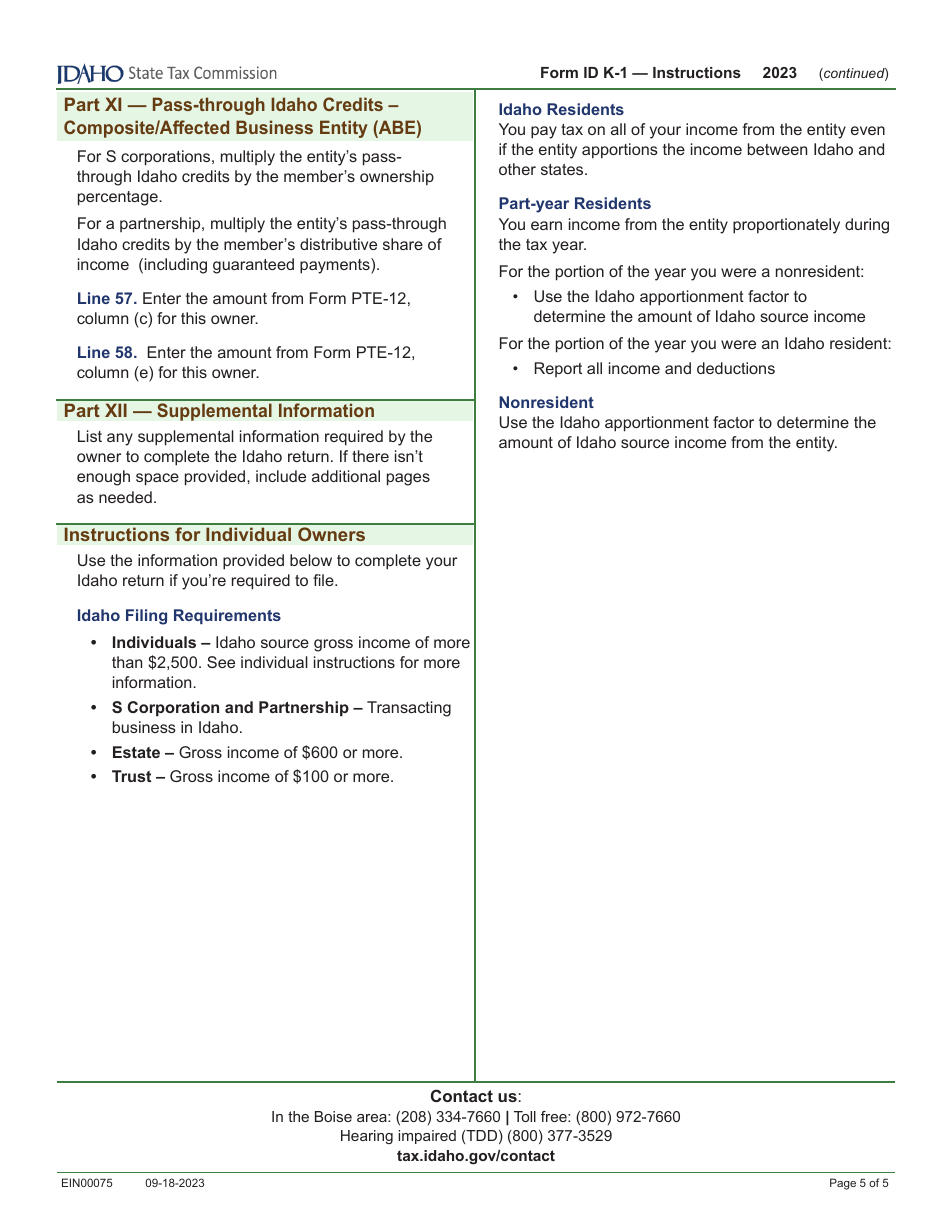 Form ID K-1 (EFO00201) Partners, Shareholders, or Beneficiarys Share of Idaho Adjustments, Credits, Etc. - Idaho, Page 9
