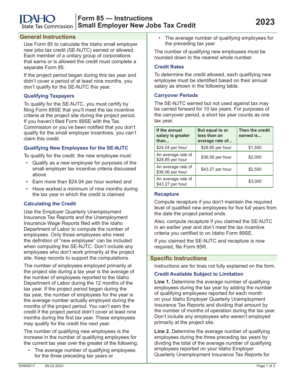 Form 85 (EFO00017) Small Employer New Jobs Tax Credit - Idaho, Page 3