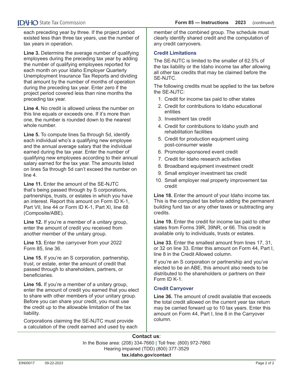 Form 85 (EFO00017) Small Employer New Jobs Tax Credit - Idaho, Page 4