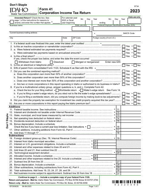 Form 41 (EFO00025) Corporation Income Tax Return - Idaho, 2023
