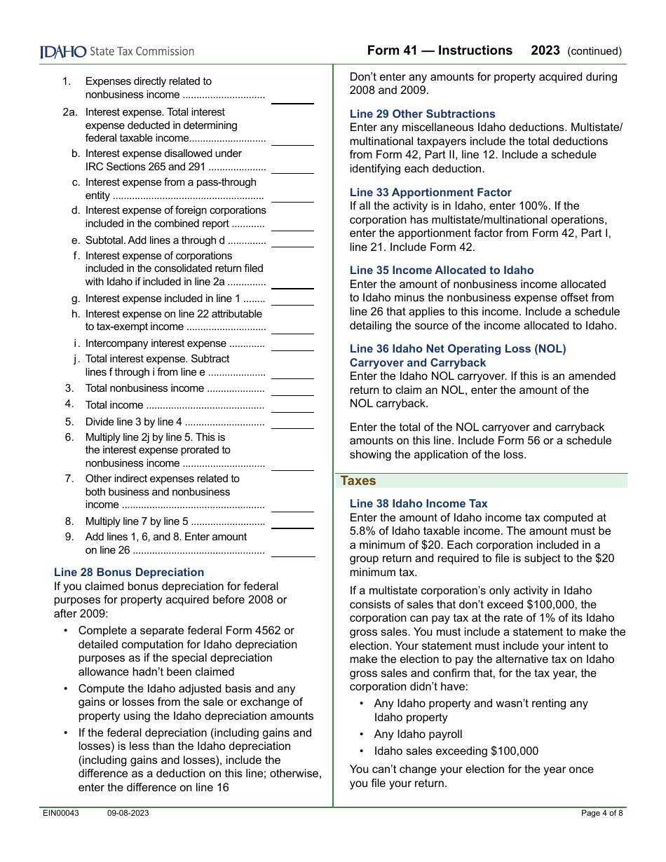 Form 41 (EFO00025) Corporation Income Tax Return - Idaho, Page 6