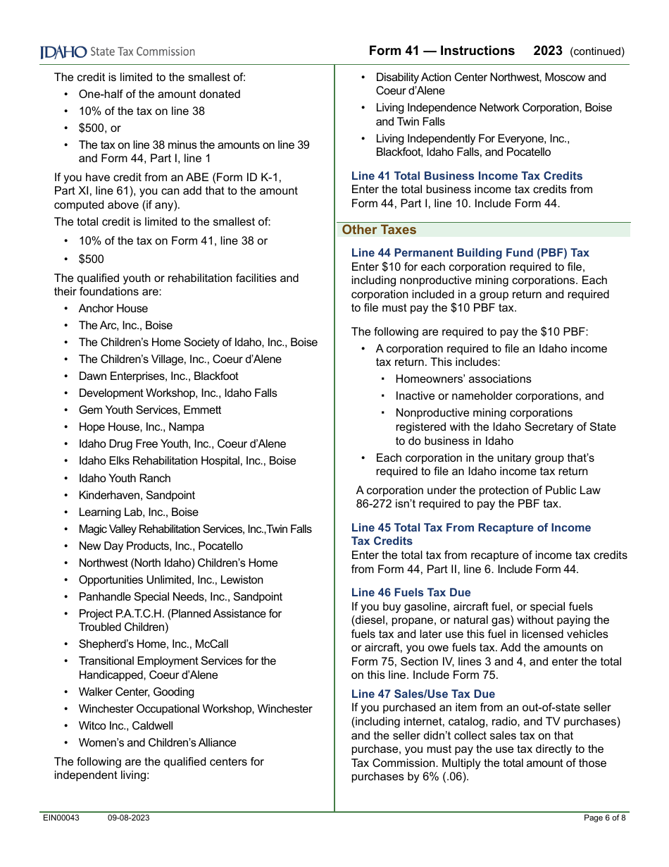 Form 41 (EFO00025) Corporation Income Tax Return - Idaho, Page 8