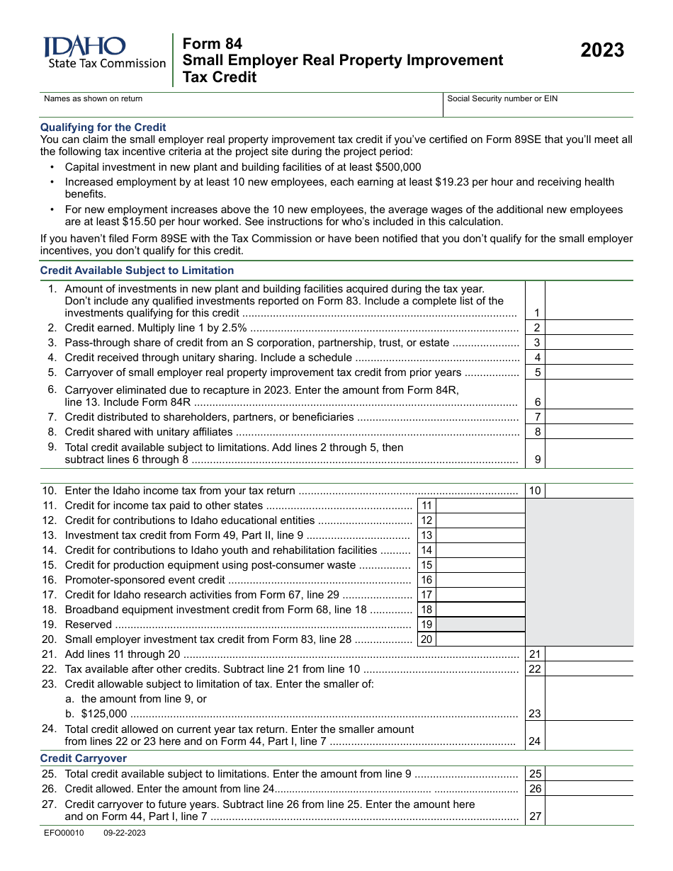 Form 84 (EFO00010) Small Employer Real Property Improvement Tax Credit - Idaho, Page 1
