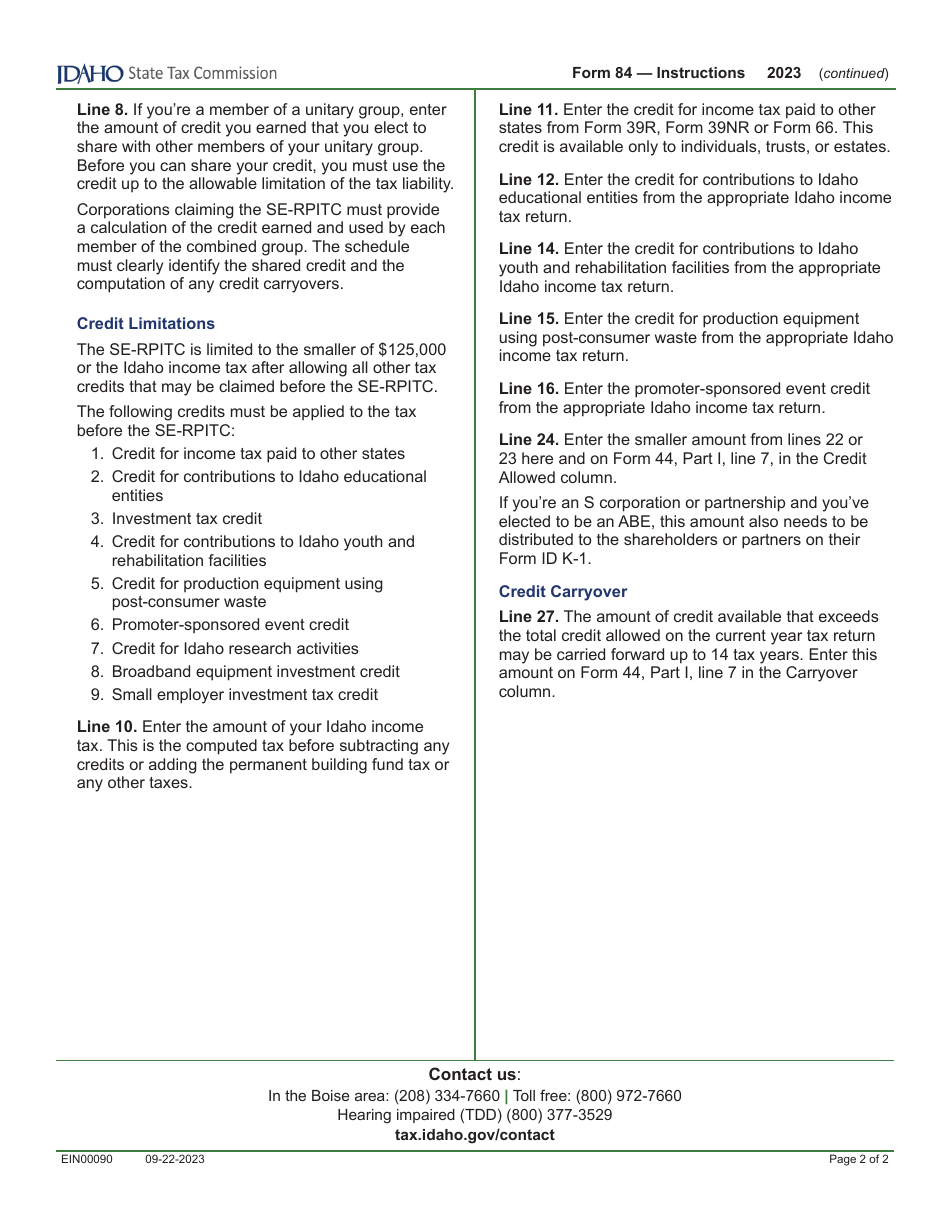 Form 84 (EFO00010) Small Employer Real Property Improvement Tax Credit - Idaho, Page 3