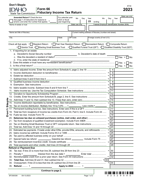 Form 66 (EFO00036) Fiduciary Income Tax Return - Idaho, 2023