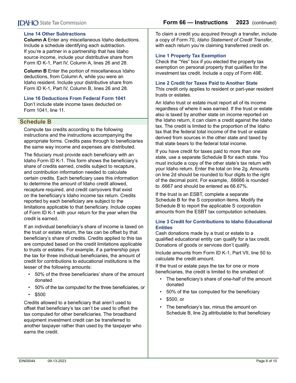 Form 66 (EFO00036) Fiduciary Income Tax Return - Idaho, Page 10