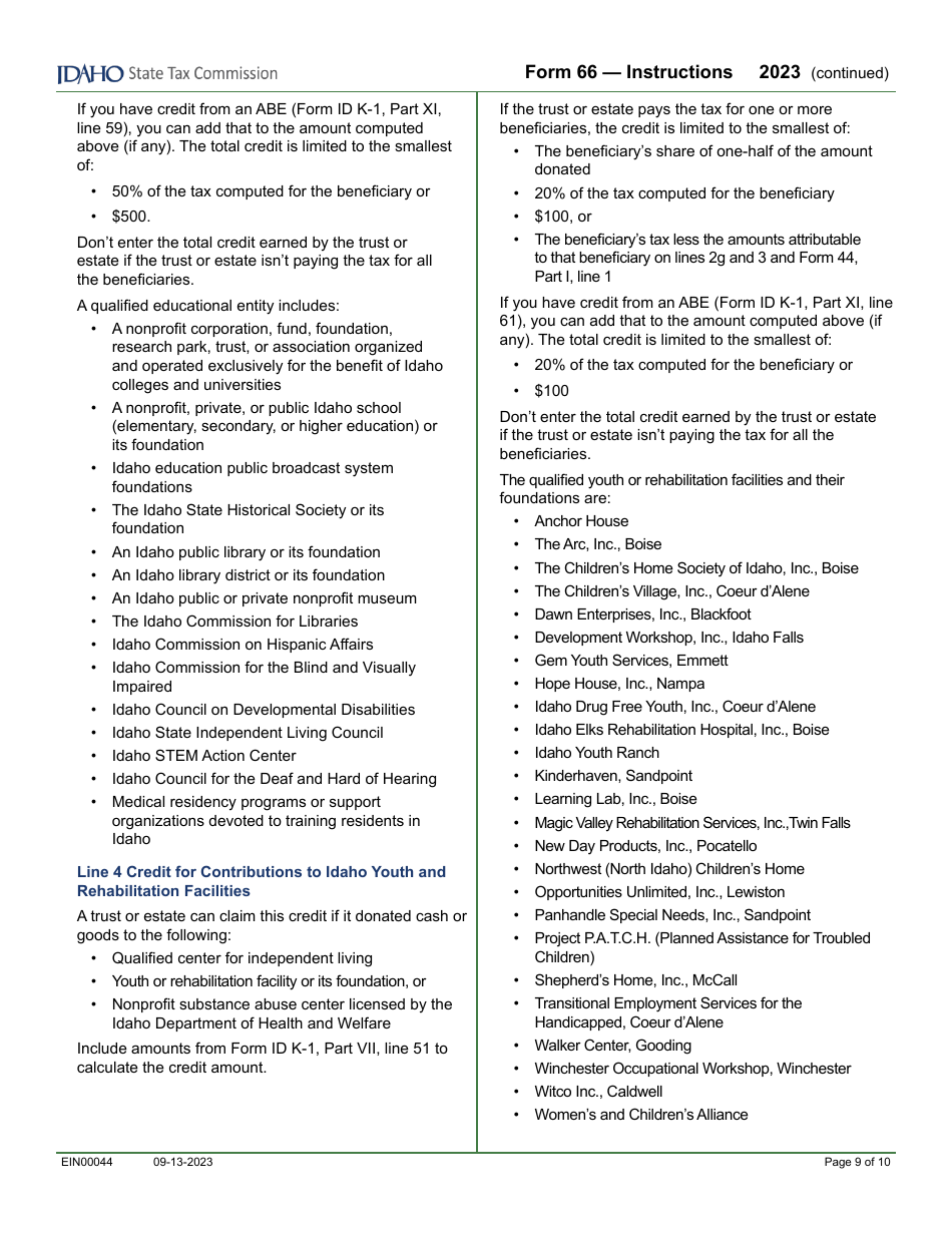 Form 66 (EFO00036) Fiduciary Income Tax Return - Idaho, Page 11