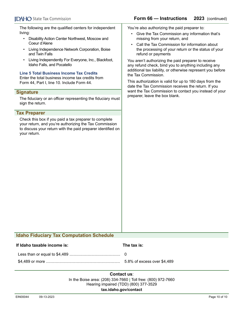 Form 66 (EFO00036) Fiduciary Income Tax Return - Idaho, Page 12