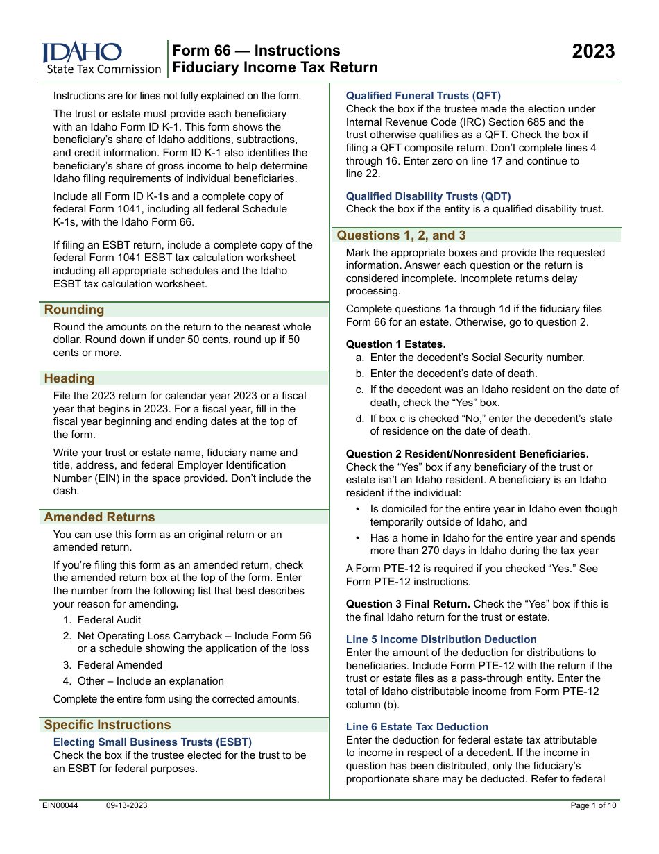 Form 66 (EFO00036) Fiduciary Income Tax Return - Idaho, Page 3