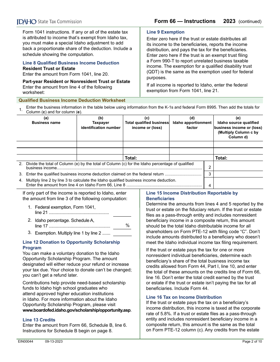 Form 66 (EFO00036) Fiduciary Income Tax Return - Idaho, Page 4