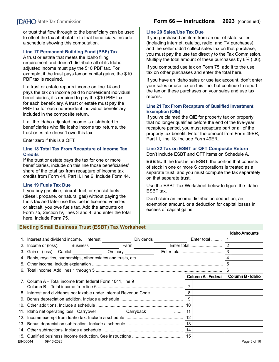 Form 66 (EFO00036) Fiduciary Income Tax Return - Idaho, Page 5