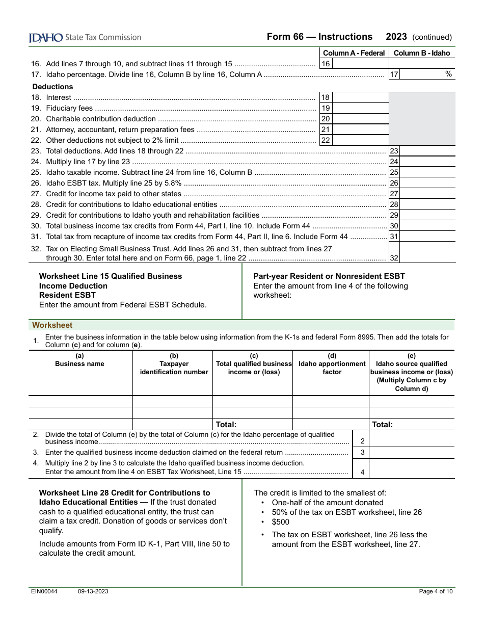 Form 66 (EFO00036) Fiduciary Income Tax Return - Idaho, Page 6