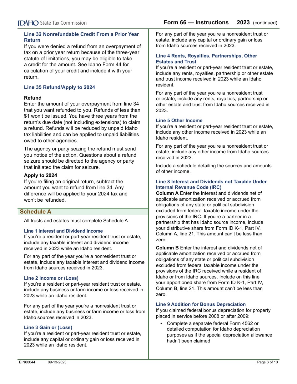 Form 66 (EFO00036) Fiduciary Income Tax Return - Idaho, Page 8