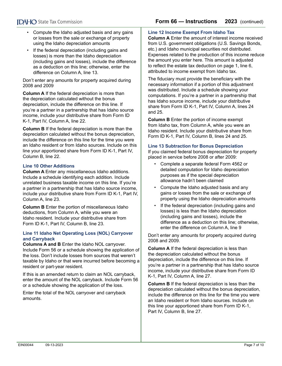 Form 66 (EFO00036) Fiduciary Income Tax Return - Idaho, Page 9