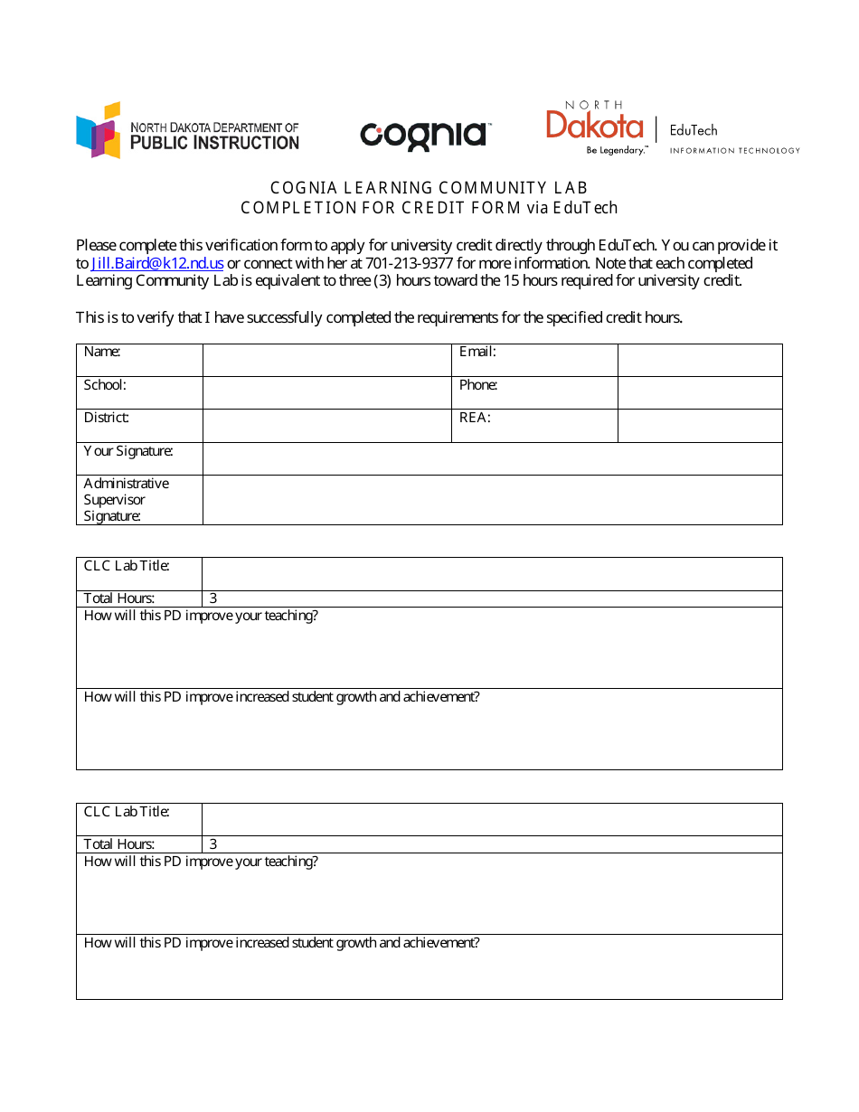 Cognia Learning Community Lab Completion for Credit Form via Edutech - North Dakota, Page 1