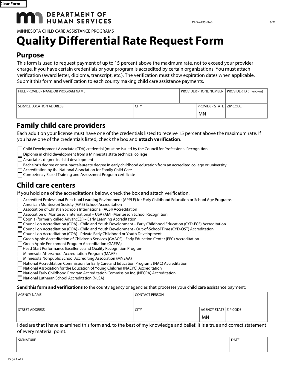 Form DHS-4795-ENG Quality Differential Rate Request Form - Minnesota Child Care Assistance Programs - Minnesota, Page 1