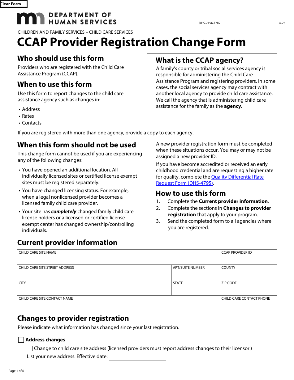 Form DHS-7196-ENG Ccap Provider Registration Change Form - Minnesota, Page 1