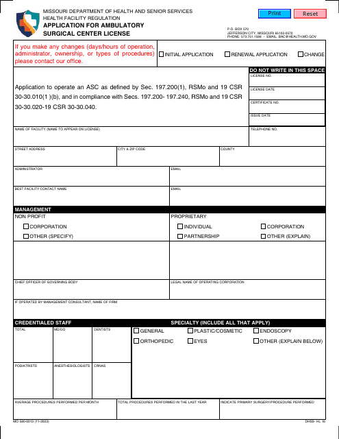 Form DHSS-HL-16 (MO580-0013) Application for Ambulatory Surgical Center License - Missouri