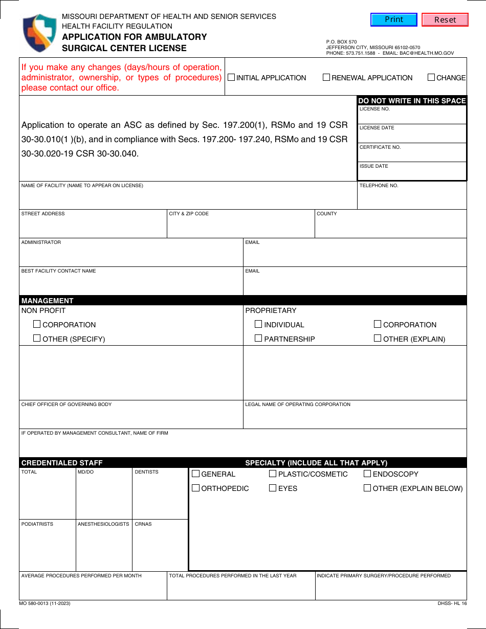 Form DHSS-HL-16 (MO580-0013) Application for Ambulatory Surgical Center License - Missouri, Page 1