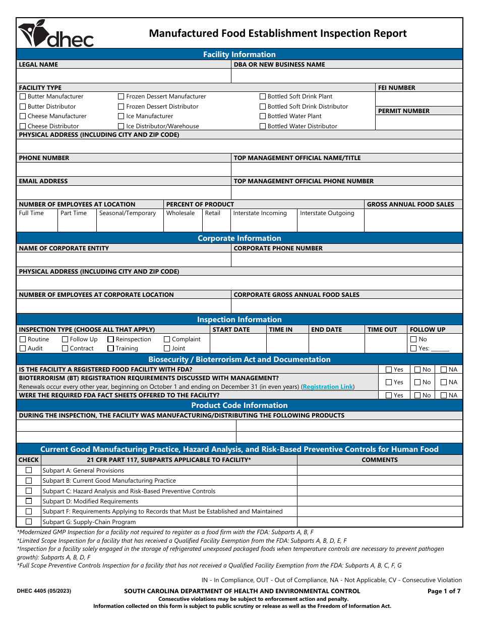 DHEC Form 4405 - Fill Out, Sign Online and Download Fillable PDF, South ...