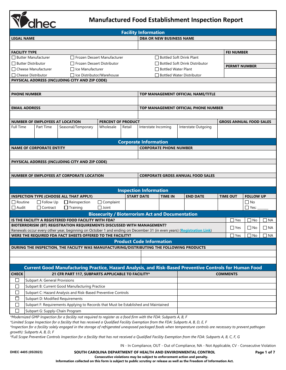 DHEC Form 4405 Manufactured Food Establishment Inspection Report - South Carolina, Page 1