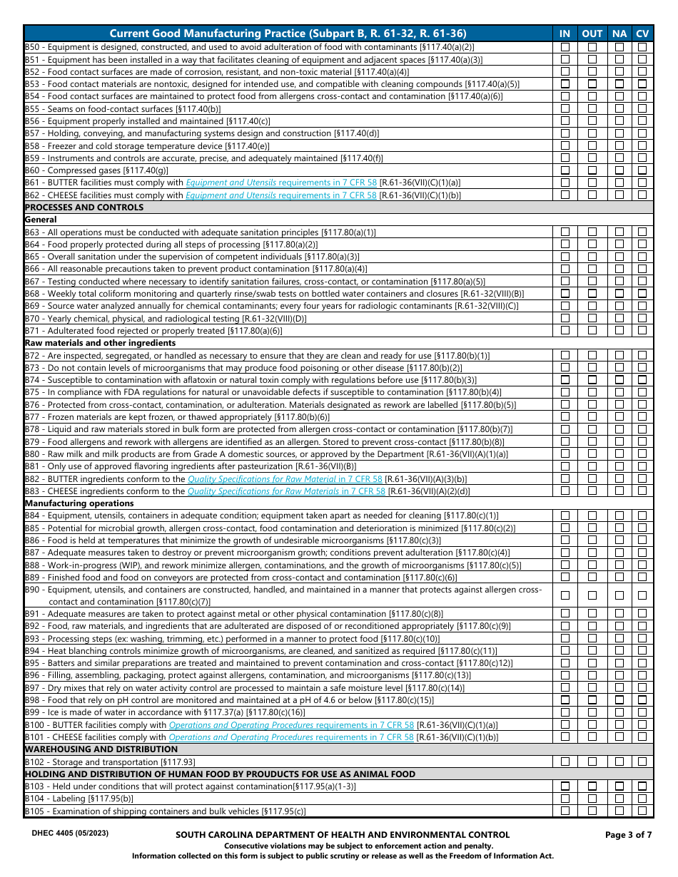 DHEC Form 4405 Manufactured Food Establishment Inspection Report - South Carolina, Page 3