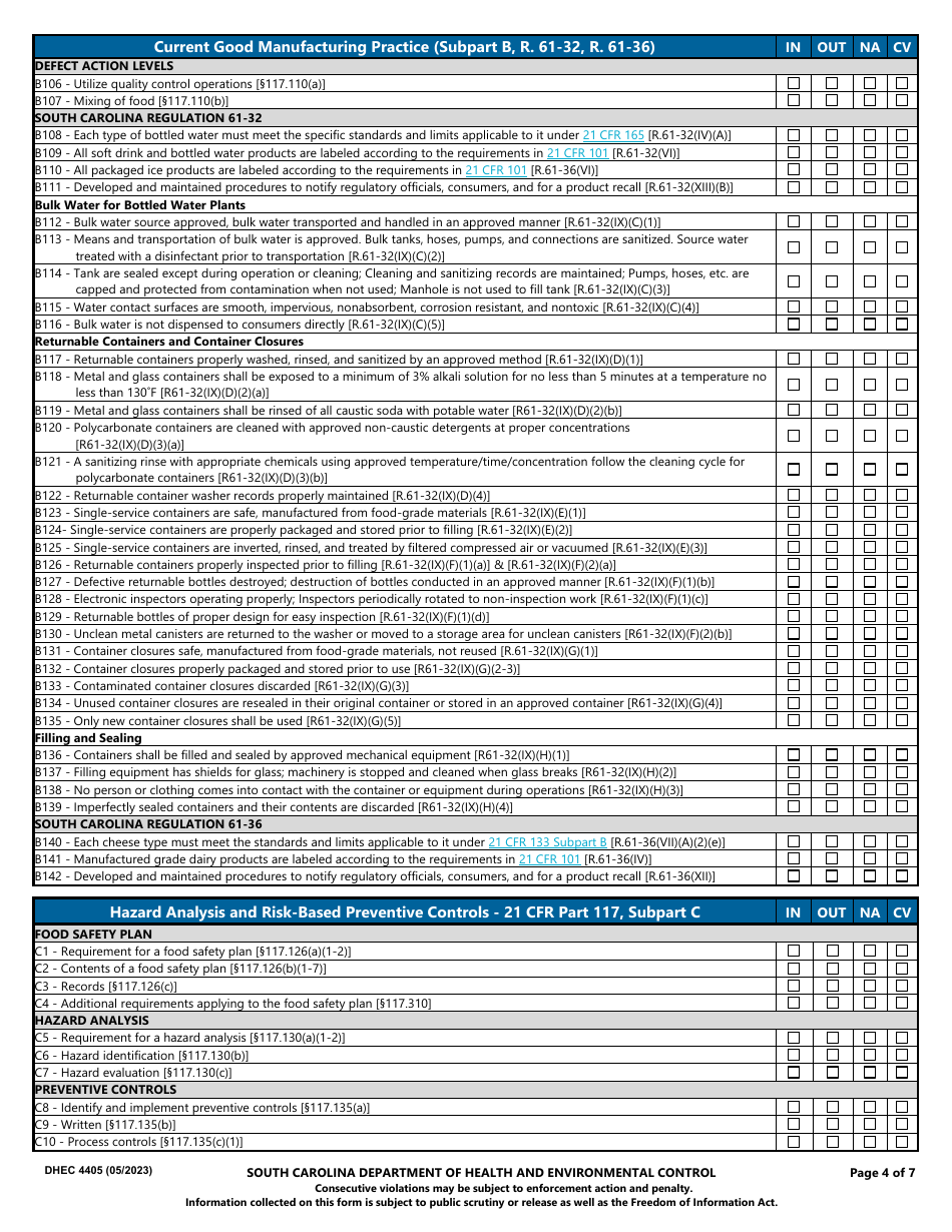 DHEC Form 4405 Manufactured Food Establishment Inspection Report - South Carolina, Page 4
