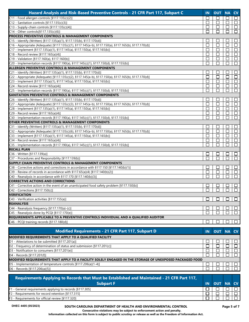 DHEC Form 4405 Manufactured Food Establishment Inspection Report - South Carolina, Page 5