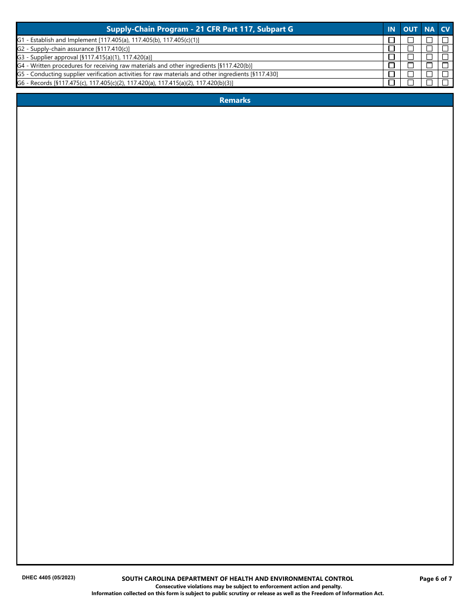 DHEC Form 4405 Manufactured Food Establishment Inspection Report - South Carolina, Page 6