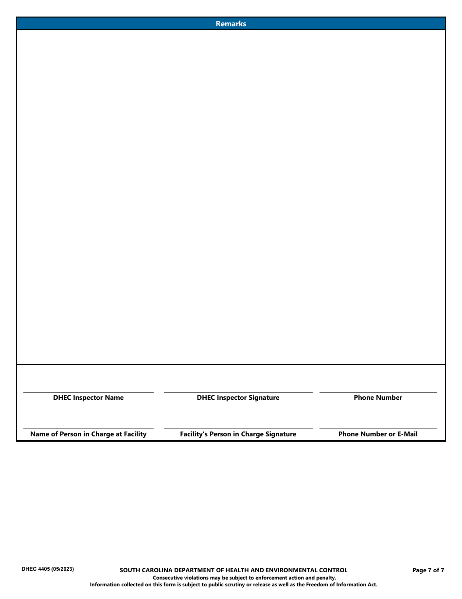 DHEC Form 4405 Manufactured Food Establishment Inspection Report - South Carolina, Page 7