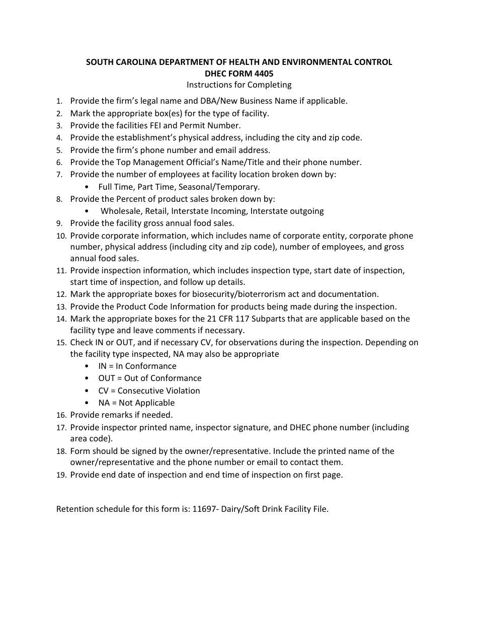 DHEC Form 4405 Manufactured Food Establishment Inspection Report - South Carolina, Page 8