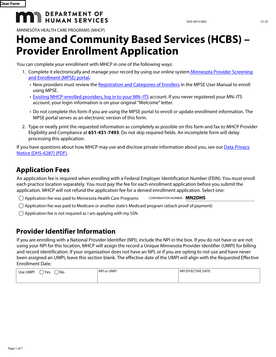 Form DHS-4015-ENG Home and Community Based Services (Hcbs) - Provider Enrollment Application - Minnesota Health Care Programs (Mhcp) - Minnesota, Page 1