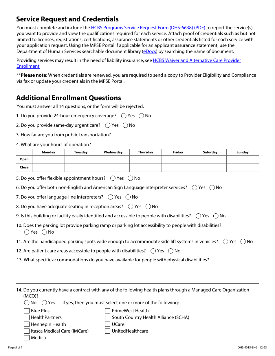 Form DHS-4015-ENG Home and Community Based Services (Hcbs) - Provider Enrollment Application - Minnesota Health Care Programs (Mhcp) - Minnesota, Page 5