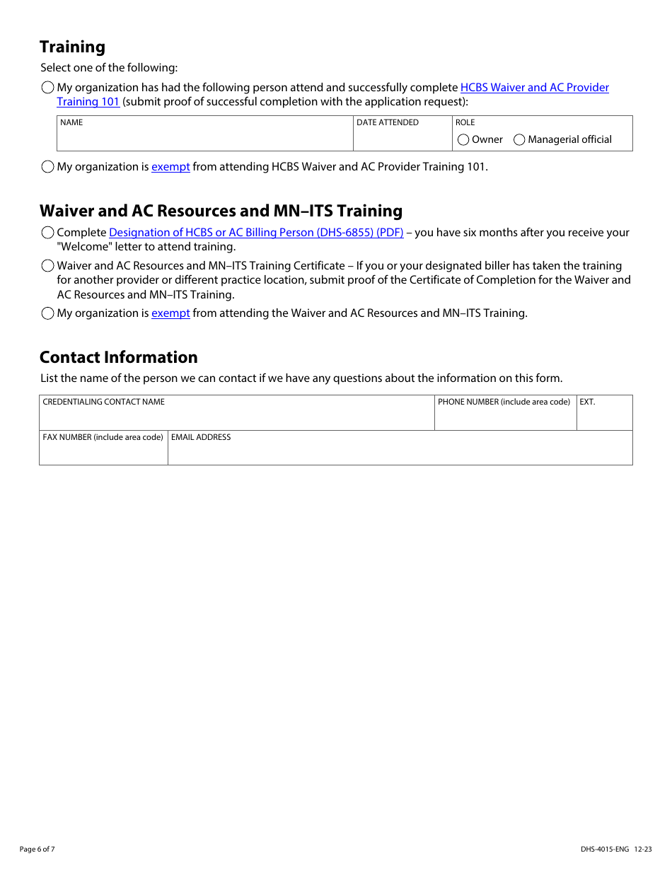 Form DHS-4015-ENG Home and Community Based Services (Hcbs) - Provider Enrollment Application - Minnesota Health Care Programs (Mhcp) - Minnesota, Page 6