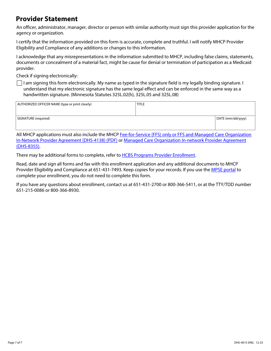 Form DHS-4015-ENG Home and Community Based Services (Hcbs) - Provider Enrollment Application - Minnesota Health Care Programs (Mhcp) - Minnesota, Page 7