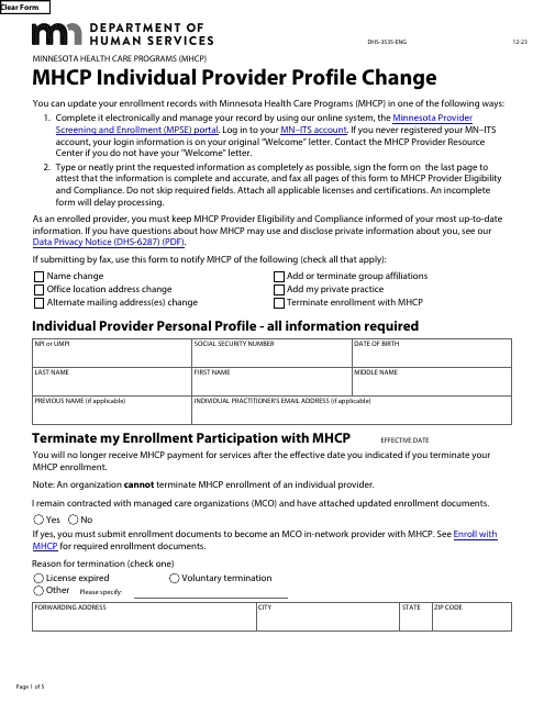 Form DHS-3535-ENG Mhcp Individual Provider Profile Change - Minnesota