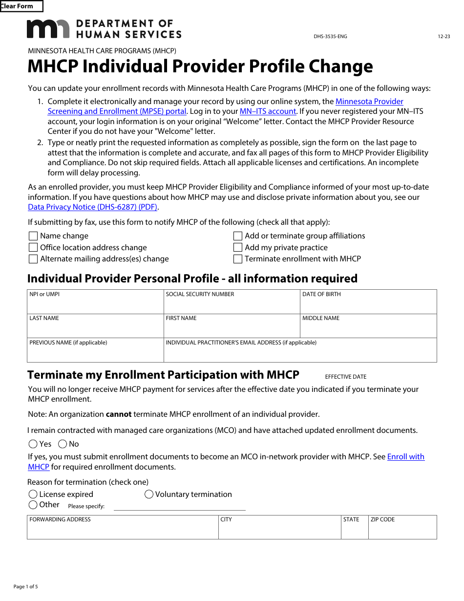 Form DHS-3535-ENG Mhcp Individual Provider Profile Change - Minnesota, Page 1