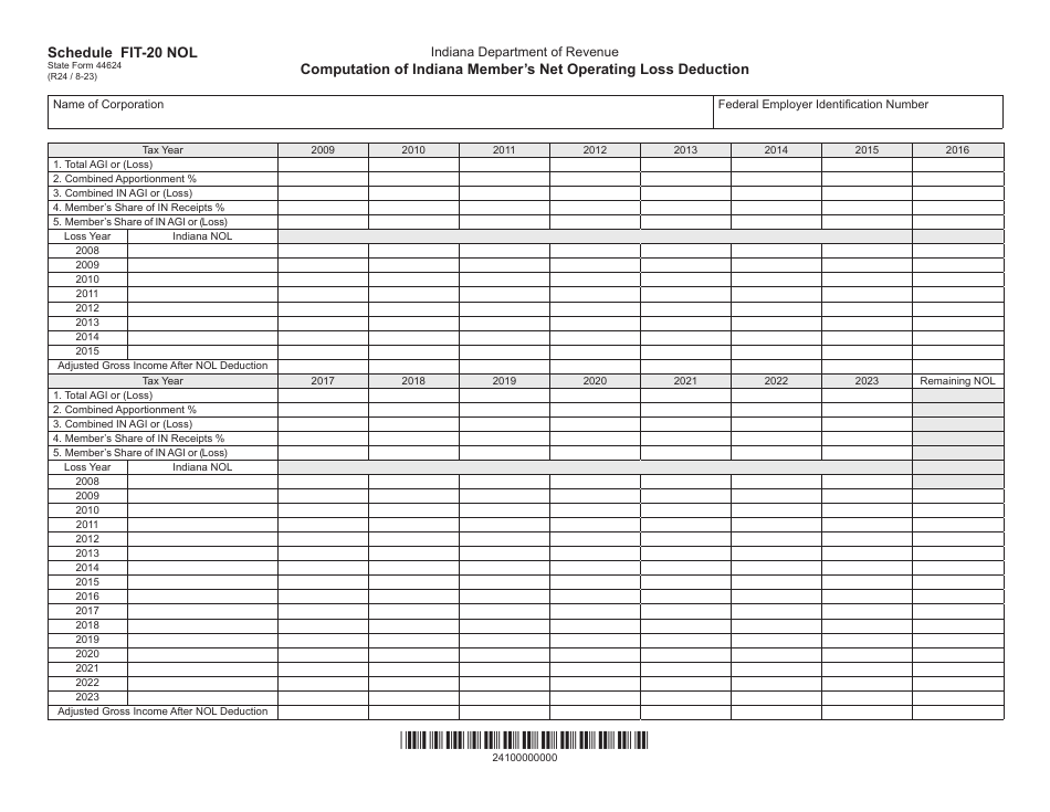 State Form 44624 Schedule FIT-20 NOL Computation of Indiana Members Net Operating Loss Deduction - Indiana, Page 1