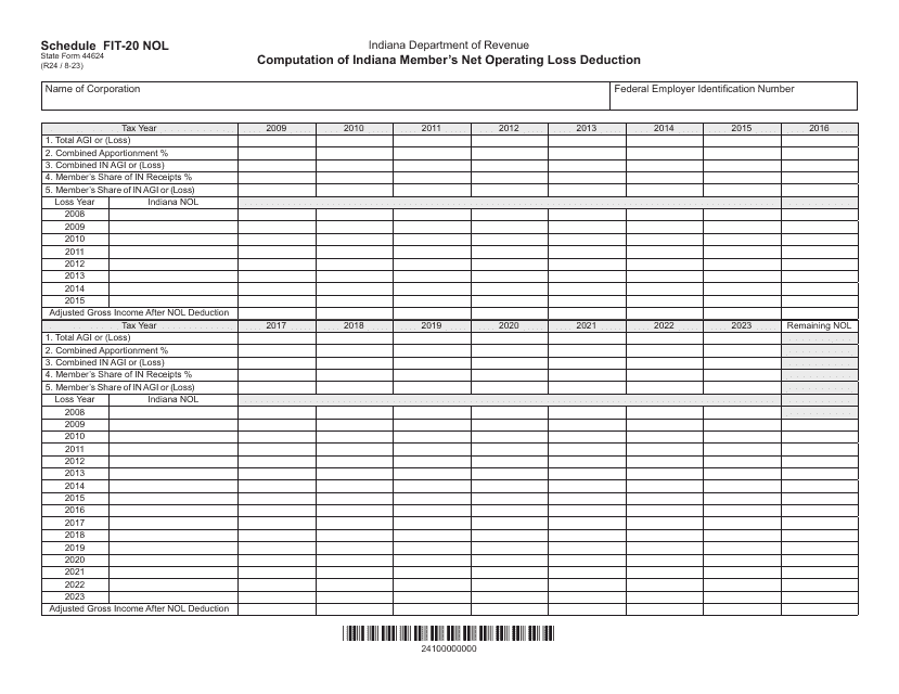 State Form 44624 Schedule FIT-20 NOL  Printable Pdf