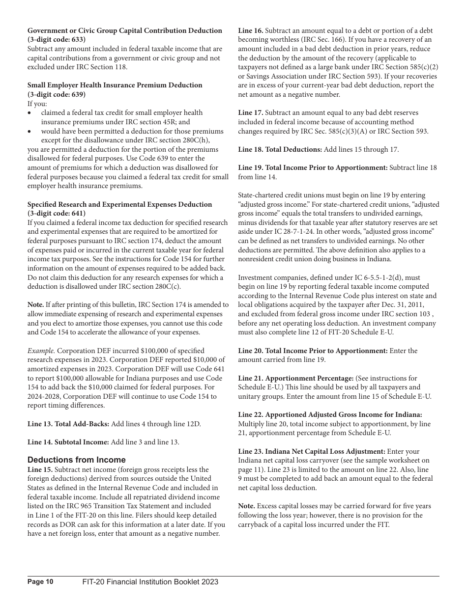 Instructions for Form FIT-20, State Form 44623 Financial Institution Tax Return - 44623, Indiana, Page 10