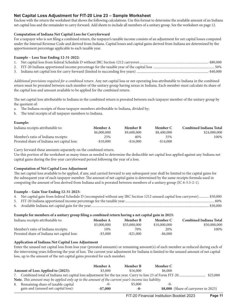 Instructions for Form FIT-20, State Form 44623 Financial Institution Tax Return - 44623, Indiana, Page 11