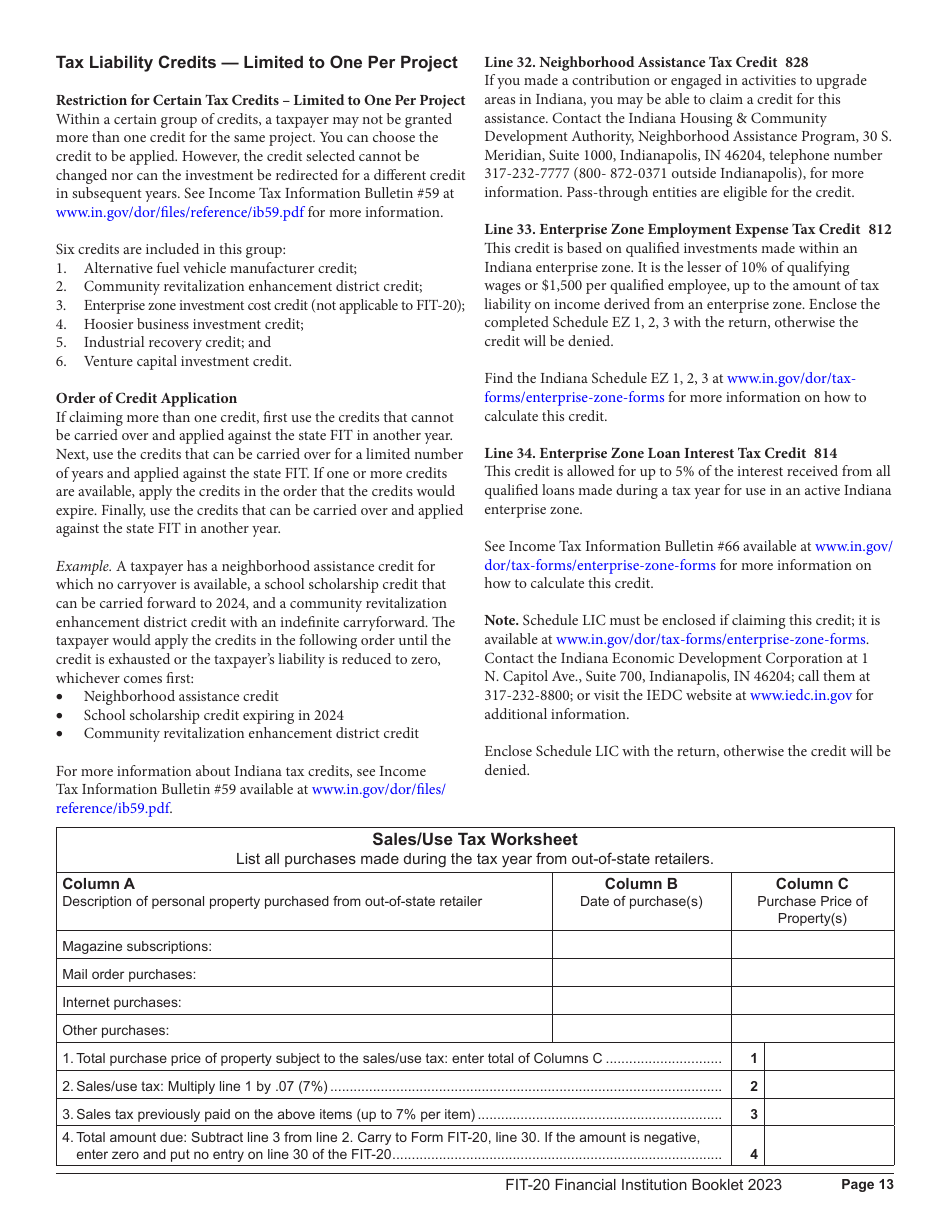 Instructions for Form FIT-20, State Form 44623 Financial Institution Tax Return - 44623, Indiana, Page 13